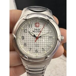 Vintage Swiss Military Watch Men Silver Tone Date 6" Signed READ